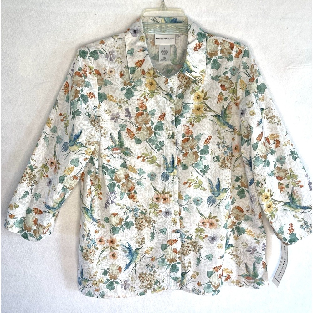 Alfred Dunner Women's Floral Hummingbird Print Blouse Small Nature Cottagecore - Picture 2 of 11